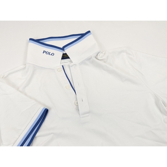Polo Golf Ralph Lauren Shirt Womans Medium White Blue Pop Collar Preppy Stretch - Picture 2 of 6